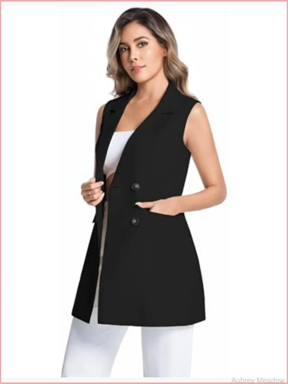 Sleeveless Long Vest Notch Lapel Double Breasted Cotton Linen Blazer Jacket